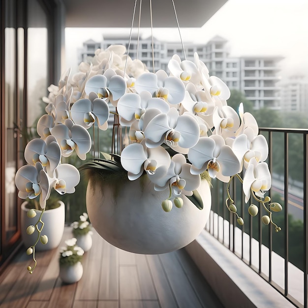 Witte orchideeën hangen in een pot aan de rand van een balkon
