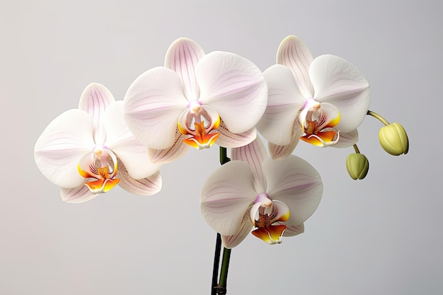 Witte orchideeën met oranje en gele bloemen en groene bladeren