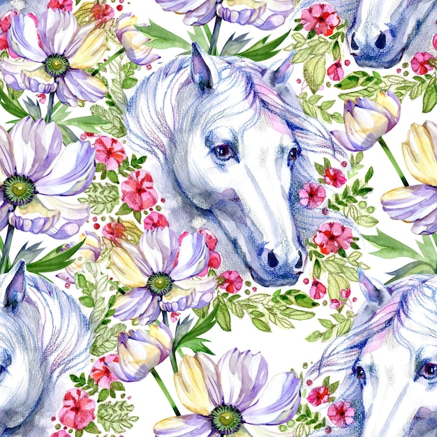 Foto witte paarden met bloemen waterverf patroon naadloze achtergrond