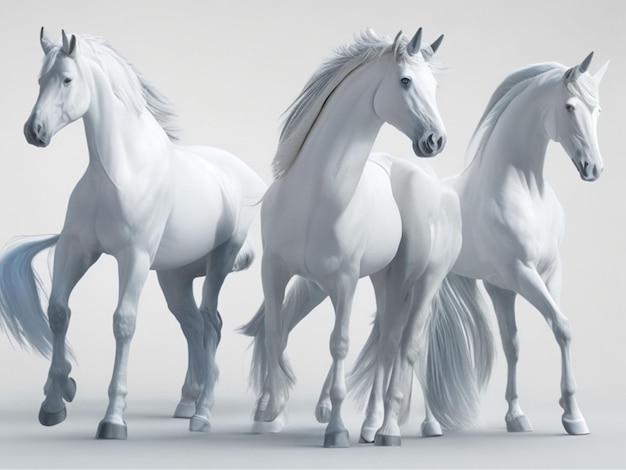 Witte paarden op een witte achtergrond 3D-rendering 3D illustratie