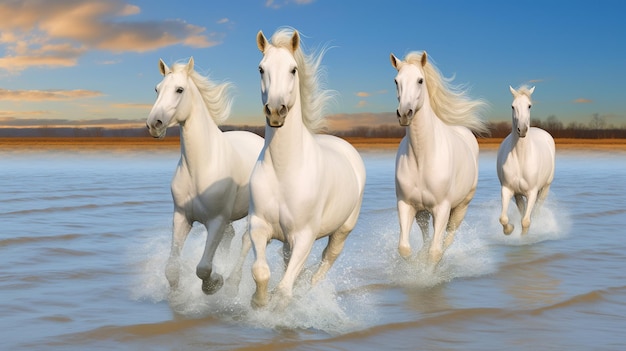 witte paarden rennen in het water bewolkte lucht paardensport AI generatief