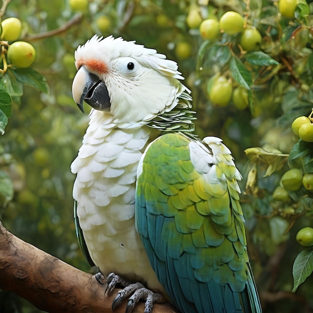 Witte papegaai zit op groene mango boom