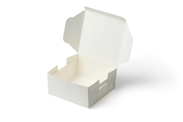 Witte papieren doos voor voedselpakket op een wit