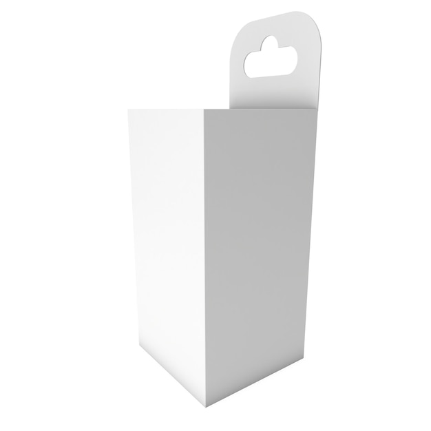Witte papieren hangende doos Verpakkingscontainer met ophanggat Mock-up sjabloon 3d render geïsoleerd
