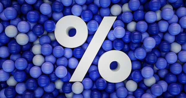 Witte percentage pictogram 3D en blauwe ballen achtergrond 3d illustratie voor korting