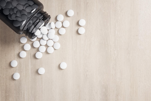 Witte pillen gemorst uit de fles op houten tafel Geneeskunde en ziekte concept Close-up 3D-rendering