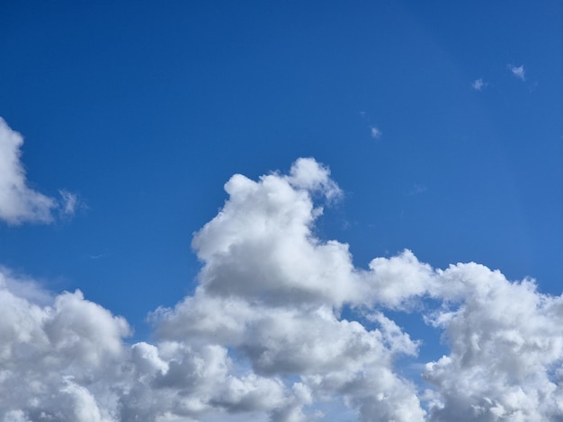 Witte pluizige cumuluswolken in de zomerhemel natuurlijke wolken achtergrond