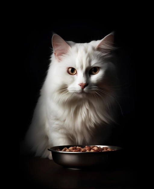 Witte pluizige kat die naast de metalen schaal met huisdierenvoedsel op een zwarte achtergrond zit