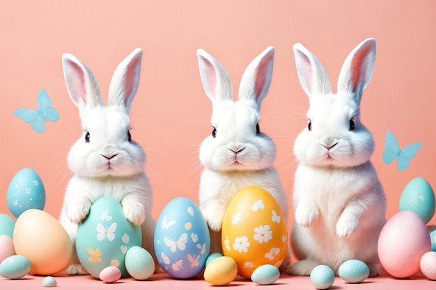 Foto witte pluizige konijnen zitten op een gekleurde achtergrond naast eieren paaskonijnen op een kleurrijke achtergrond