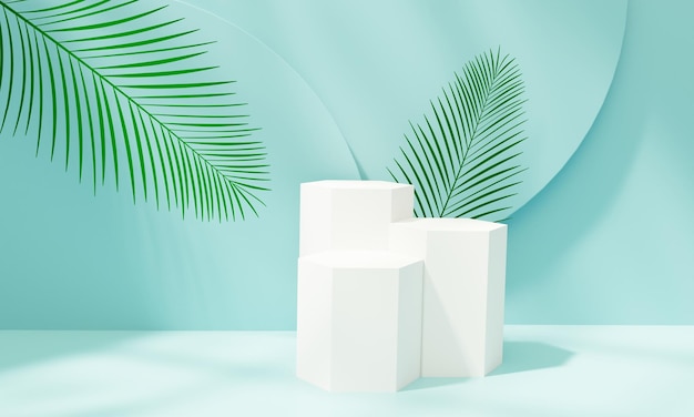 Witte podium op pastelblauwe achtergrond met palmbladeren en zonlichtelementen 3D-rendering illustratie