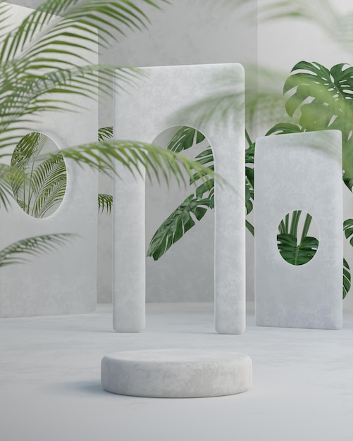 Witte podium podium staan tropische bos bomen achtergrond voor product plaatsing 3d render