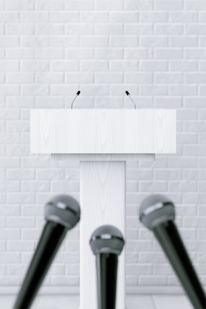 Witte podium tribune rostrum stand met microfoons voor bakstenen muur. 3d-rendering