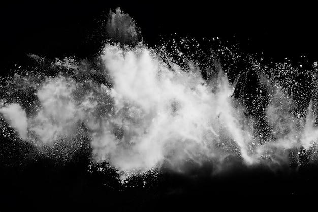 Witte poederexplosie op zwarte achtergrond Kleurige wolk Kleurige stof explodeert Paint Holi