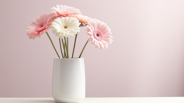 Witte porseleinvaas met roze madeliefjes in monochromatisch kleurenschema
