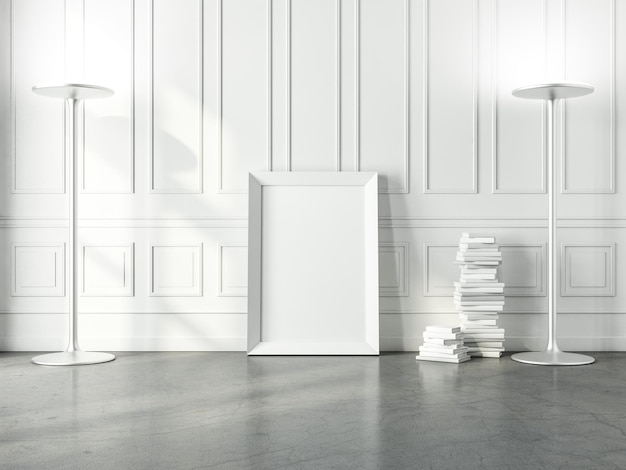 Witte poster Frame Mockup staande op de vloer met twee moderne lampen, stapel boeken. 3D-rendering