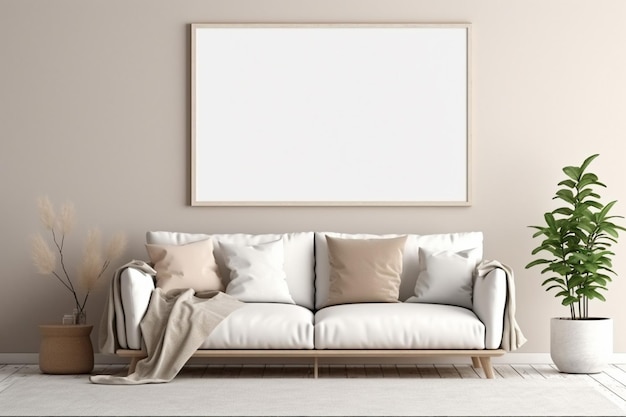 Witte poster mock-up met houten frame woonkamer