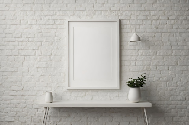 Foto witte poster witte bakstenen muur witte tafel en vazen witte hanglamp minimale poster mockup