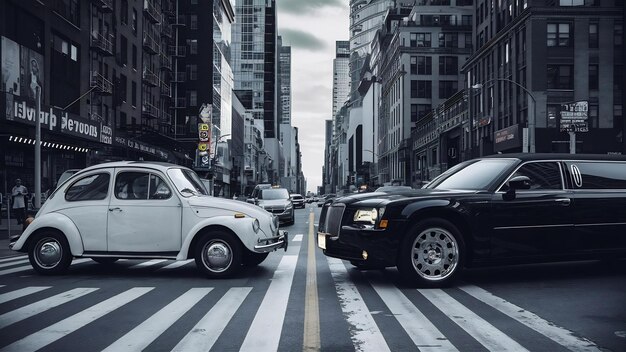 Witte retro auto en nieuwe limousine rijden langs de straat in New York