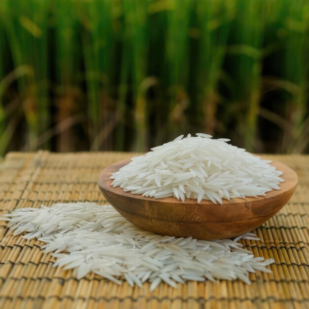 Foto witte rijst en paddyrijst met een achtergrond van rijstplanten