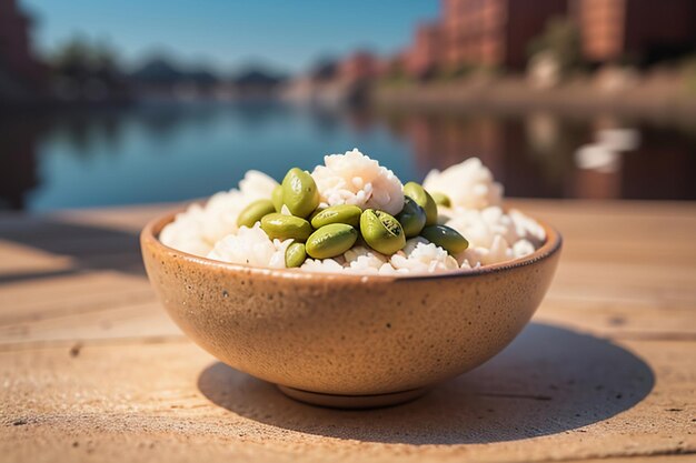 Foto witte rijst is het favoriete voedsel van chinezen die rijst eten als ontbijt, lunch en diner als ze honger hebben