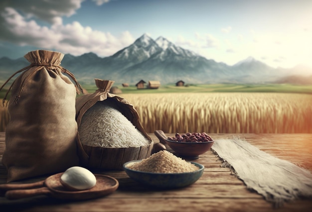 Witte rijst of ongekookte witte rijst in houten kom en zak met generatieve ai van het rijstveld als achtergrond