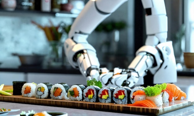 Witte robot chef-kok plaatst delicate garnishes op sushi rollen op een moderne keuken toonbank