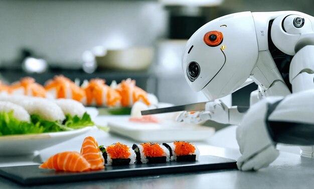 Witte robot chef-kok plaatst delicate garnishes op sushi rollen op een moderne keuken toonbank