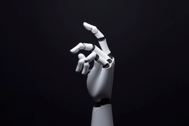 Foto witte robotic hand op iets op vaste donkere achtergrond ai generatieve