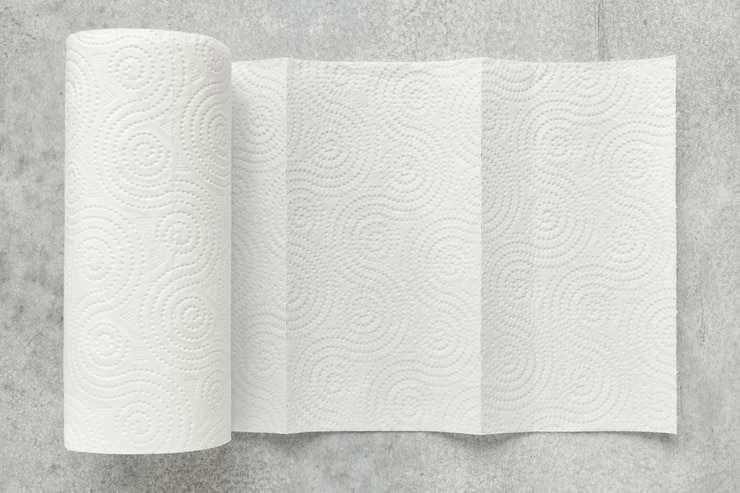 Witte rol huishoudpapier op een grijze achtergrond, ondiepe scherptediepte
