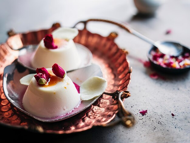 Witte romige dessert panna cotta met rozenblaadjes op een koperen dienblad