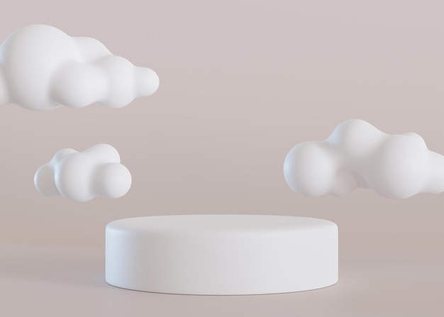 Witte ronde podium met 3D-wolken op beige achtergrond Stage voor product cosmetische presentatie Minimalistische mock-up Pedestalplatform voor schoonheidsproducten Leegte scène Display showcase 3D-rendering