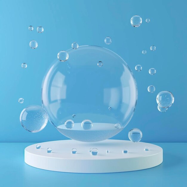 Witte ronde podium voetstuk of podium met onderwater luchtbubbels Waterdruppels glazen ballen of soa