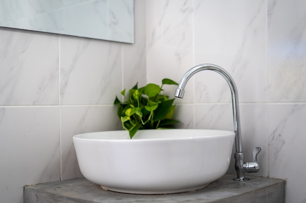 Foto witte ronde wastafel met zilveren kraan en een plant in de badkamer