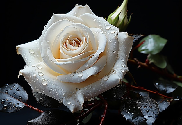 Witte roos met waterdruppels op zwarte achtergrond Ondiepe scherptediepte