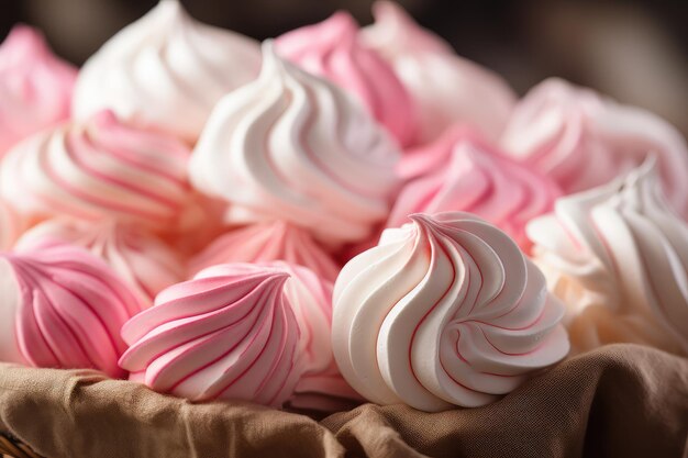 Foto witte roze meringue koekjes closeup traditionele whisk merengue's gebakken whisking cream of beze