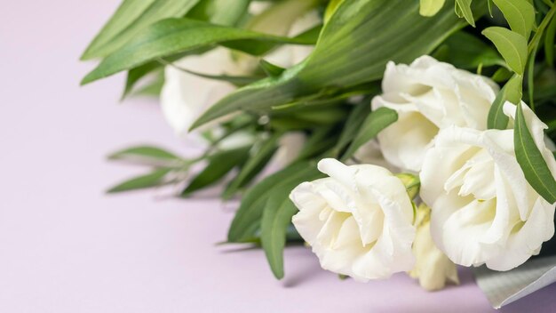 Witte rozen boeket op kleur achtergrond. Tekstruimte