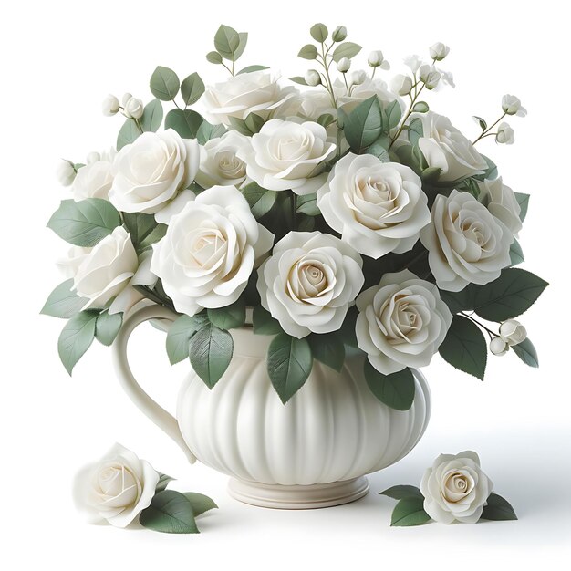 Witte rozen in een keramische vaas geïsoleerd op een witte achtergrond
