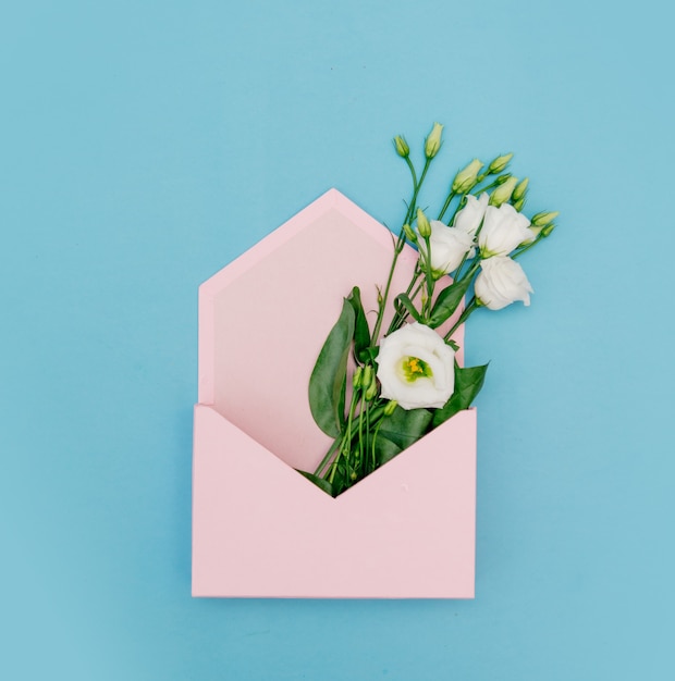 Witte rozen in roze envelop op blauwe achtergrond. Boven weergave