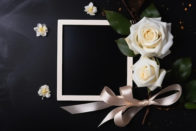 Foto witte rozen met lint en fotoram op zwarte achtergrond begrafenisconcept