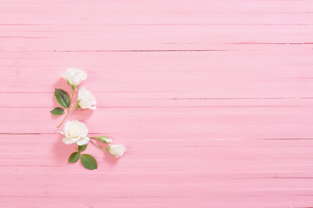 Foto witte rozen op roze houten achtergrond