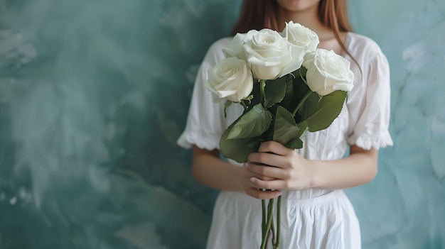 Witte rozenboeket in de handen van een mooi meisje.