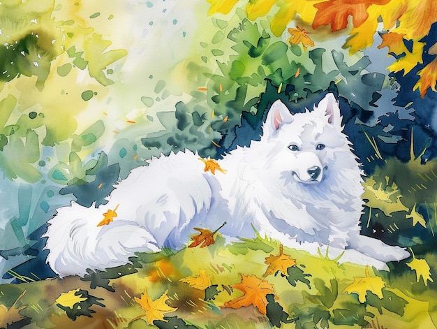 Foto witte samoyed hond in het herfstpark waterverf schilderij