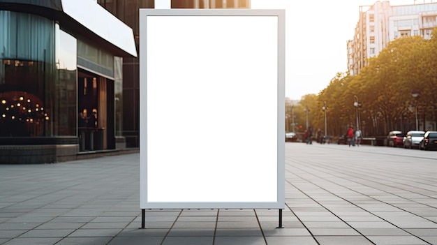 Witte sandwichbord mockup weergegeven op een straat bij een rotonde Mobiele easelbord achtergrond met ruimte voor tekst