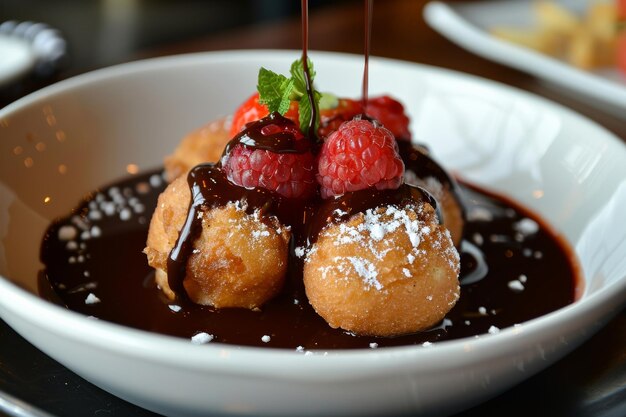 Witte schaal gevuld met dessert bedekt met chocolade