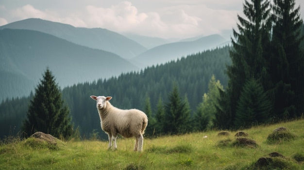 Witte schapen in de buurt van een hoge den op een groene weide