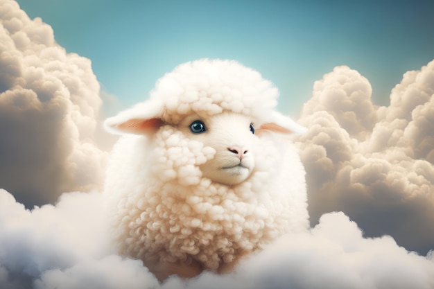 Witte schapen met blauwe ogen zittend op wolken gevulde lucht met witte pluizige wolken Generatieve AI