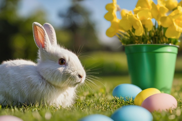 Witte schattige konijn en paaseieren Een haas op een groene weide Paaseinen achtergrond met kopieerruimte Kunst kleine paaseier en paaseien op groen gras