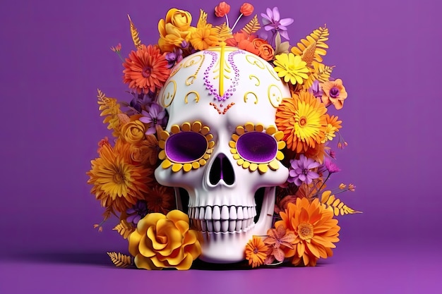 Witte schedel versierd met oranje bloemen van geel als voor de dag van de doden in Mexico op een paarse achtergrond