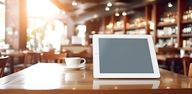 Witte scherm tablet op houten tafel met wazig buiten restaurant uitzicht