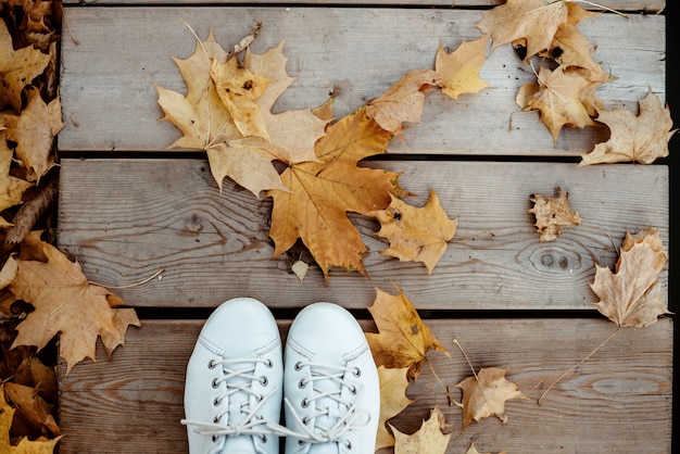 Witte schoenen van een persoon die een herfstwandeling in het park maakt. Gele esdoornbladeren op de weg